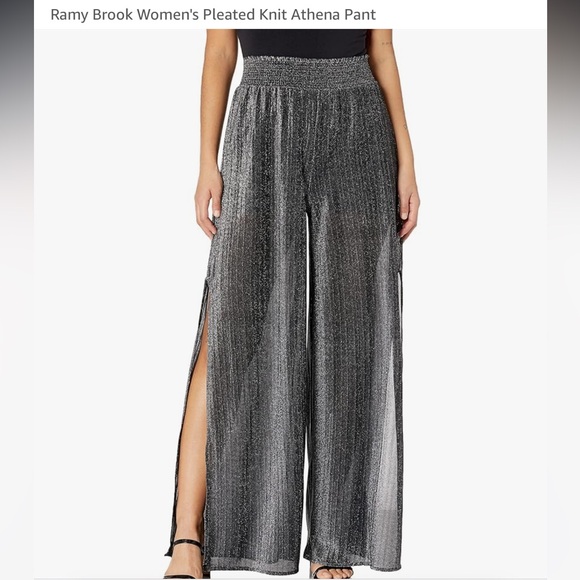 NWT Ramy Brook Pleated Athena Pants Black with Silver Metallic Knit Wide-Leg - Picture 2 of 8